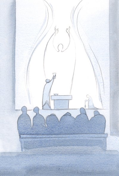 Kristi offerbön är perfekt. Den tillhör oss, och den inkluderar alla våra behov., 2000 (w/c på papper) av Elizabeth Wang