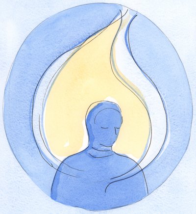 Kristi närvaro i själen, i nattvarden, är som en eld som bränner bort små brister och som stiger upp till himlen, 2002 (w/c på papper) av Elizabeth Wang
