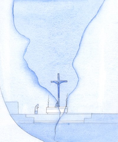 Under den heliga mässan var det som om en spricka dök upp över helgedomen, genom vilken jag såg Kristus på korset, 2002 (w/c på papper) av Elizabeth Wang