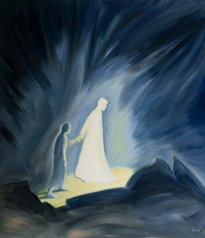 Även i våra lidandens mörker tröstar och vägleder Jesus oss, 2001 (olja ombord) av Elizabeth Wang