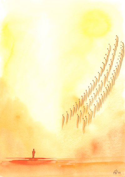 Varje gång vi ber den "Helige, Helige, Helige Herre" förenar vi våra röster med de heliga och änglarna som erbjuder samma lovsång i himlen, 2003 (w/c på papper) av Elizabeth Wang