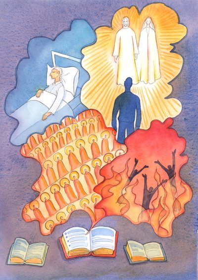 Få böcker idag innehåller kloka ord om de "fyra sista sakerna", som är döden, domen, himlen och helvetet, 2004 (w/c på papper) av Elizabeth Wang