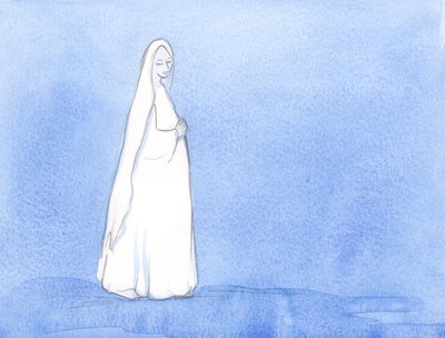 Under många månader bar Vår Fru Kristus i sitt liv; Hon hade tid att reflektera över sin roll i Guds plan, 2002 (w/c på papper) av Elizabeth Wang