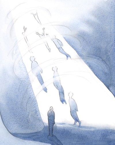 Gud drar in i sin salighet efter döden de som kan bära härlighetens ljus, medan de som fortfarande är förtärda av skam väntar nedanför., 2001 (w/c på papper) av Elizabeth Wang