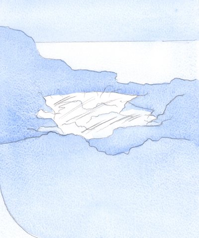 Gud blickar in i våra själar som i en klippbassäng; genom klart vatten skymtar han Kristus, grunden. Men syndens "lera" skymmer hans syn, 2002 (w/c på papper) av Elizabeth Wang