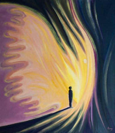 Gud ger en skyddsängel till varje person som han kärleksfullt skapar, 2000 (olja ombord) av Elizabeth Wang