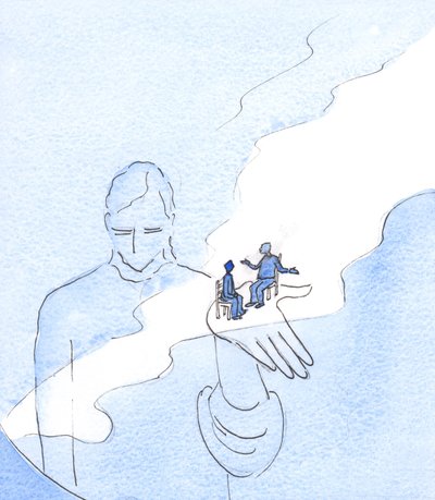 Gud håller i existens alla ting och alla människor, inklusive de som ifrågasätter hans existens, 2003 (w/c på papper) av Elizabeth Wang