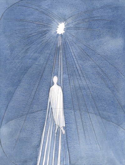 Gud vår Fader njuter av att ge oss glädje. Han ger oss Kristus, genom vilken han uppenbaras., 2001 (w/c på papper) av Elizabeth Wang