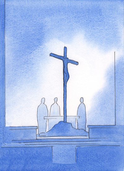 Gud visade mig att våra tre präster som offrade det heliga offret stod runt korset som Kristus dog på, 2002 (w/c på papper) av Elizabeth Wang
