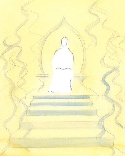 Gud Fadern bor i himlen mitt bland härlighetens eld som Han är; och det är inför Hans tron som själar ställs för dom, 2004 (w/c på papper) av Elizabeth Wang