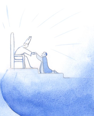 Gud Fadern, "sitter" på tronen i himlen, hälsar med förtjusning varje trofast präst som vaktade sin hjord på jorden, 2002 (w/c på papper) av Elizabeth Wang