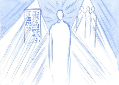Gud, källan till allt ljus och visdom, ger oss näring genom ord och genom lärare; men i nattvarden möter vi den gudomliga sonen, hela personen, 2001 (w/c på papper) av Elizabeth Wang