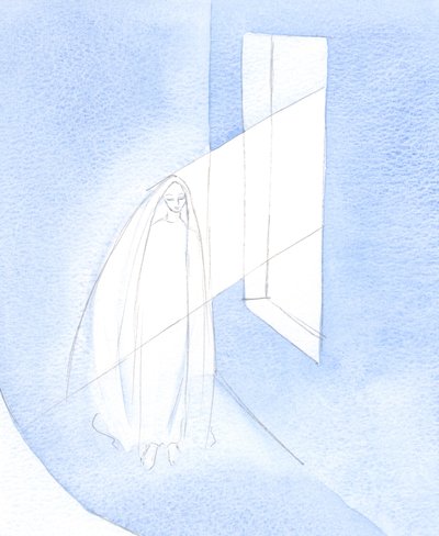 Gud, genom sin Helige Andes handlingar, fick Ordet att komma in i Marias liv, genom hennes samtycke, och att ta kött i hennes sköte., 2001 (w/c på papper) av Elizabeth Wang