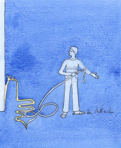 Guds nåd strömmar ut över oss lika säkert som vatten rinner ur en slang i trädgården sommaren 2003 (w/c på papper) av Elizabeth Wang