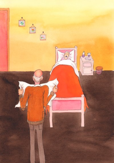 Det räcker inte med goda avsikter. Att döda är fel, inklusive att döda sjuka och äldre, även om vi har en god avsikt i åtanke. 2004 (akvarell på papper) av Elizabeth Wang