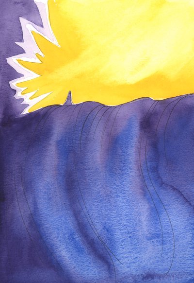 Nåder utgjuts från himlen, som en stor flod av kraft och godhet, på den heliga jungfru Marias förbön med Gud, å våra vägnar, 2003 (w/c på papper) av Elizabeth Wang