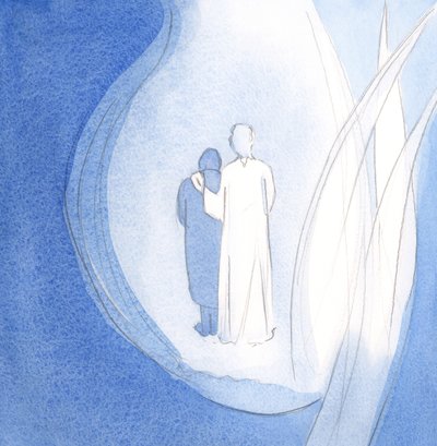 Han strosade runt i sitt lilla kungarike, som är min själ, och tröstade mig, medan hans änglar stod vid sidan av, 2000 (w/c på papper) av Elizabeth Wang
