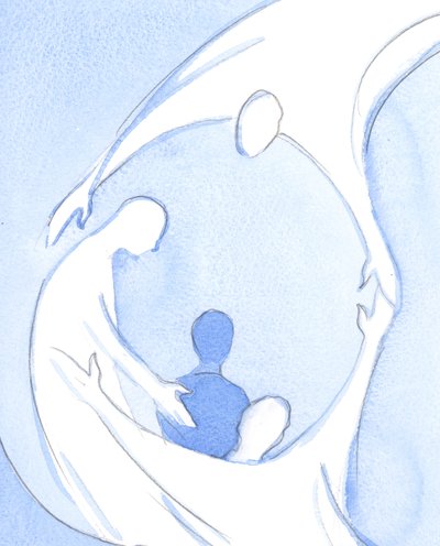 Hållen i Kristi famn vänder sig själen mot Fadern ovan, förenad i Andens kärlek och välkomnad, 2002 (w/c på papper) av Elizabeth Wang