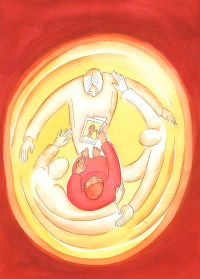 Hålls i kärleken till de tre gudomliga personerna, vi kan gå i förbön för andra, 2004 (w/c på papper) av Elizabeth Wang