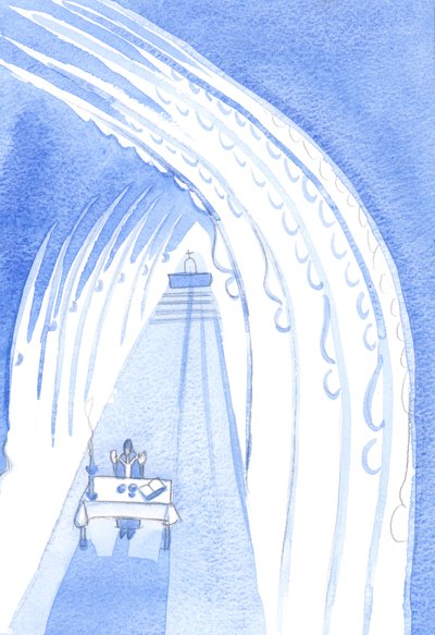 Heliga änglar, i höjden, omger vårt altare, blickar mot det, redo att tillbe Vår Herre när han görs närvarande framför oss, 2001 (w/c på papper) av Elizabeth Wang