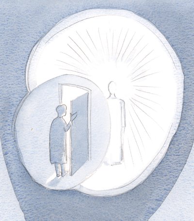 Hur få människor välkomnar Kristus till sitt hjärtas inre kammare. De lämnar honom i korridoren, skäms över att avslöja sig själva., 2001 (w/c på papper) av Elizabeth Wang