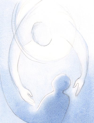 Hur stor är inte Faderns kärlek till den ångerfulla själen, då Gud omfamnar själen i en snabb, öm rörelse av förlåtelse., 2001 (w/c på papper) av Elizabeth Wang