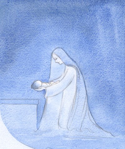 Hur enkelt lade Mary, knästående, ner sin bebis för att sova, obekymrad över tankar om sin egen privilegierade roll., 2001 (w/c på papper) av Elizabeth Wang