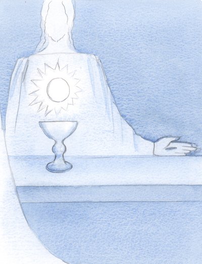 Jag såg Jesus, Verkligen närvarande på altaret; och jag såg Värden glimma "som hans hjärta", 2000 (w/c på papper) av Elizabeth Wang