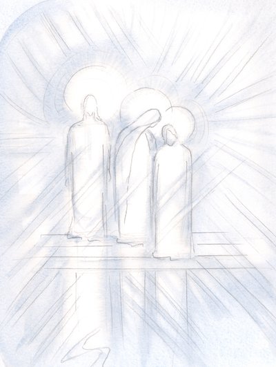 Jag såg Jesus tydligt, hans heliga moder vid hans sida och den helige Josef bredvid henne. Kristus ger dem till oss, som hjälpare och exempel, 2000 (w/c på papper) av Elizabeth Wang