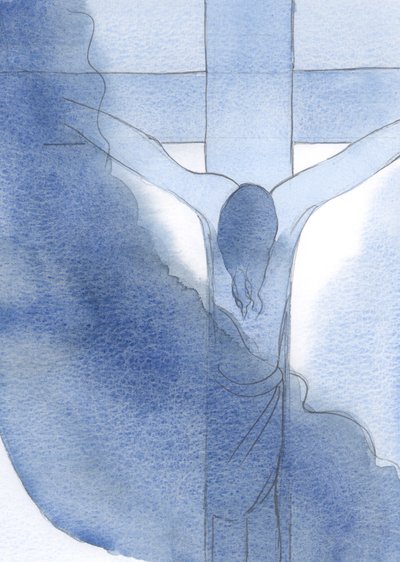 Jag såg Jesus, korsfäst och blodig, huvudet böjt i plåga. Det var hit kärleken förde honom, 2000 (w/c på papper) av Elizabeth Wang
