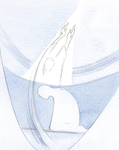Jag såg hur Kristi liv och offer tränger igenom själva himlen och öppnar en väg där vi kan följa, för att dela hans härlighet., 2000 (w/c på papper) av Elizabeth Wang