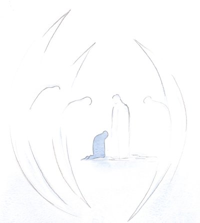 Jag såg hur de heliga änglarna böjer sig vördnadsfullt inför Kristi närvaro i själen, i Holy Communion., 2000 (w/c på papper) av Elizabeth Wang