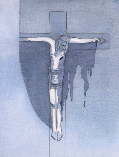 Jag såg att det stora utgjutandet av Guds nåd möjliggjordes av det blodiga offret av den trasiga kroppen på Golgata, 2000 (w/c på papper) av Elizabeth Wang