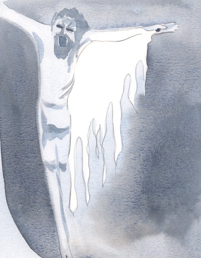 Jag såg att det stora utgjutandet av Guds nåd möjliggjordes av det blodiga offret av den trasiga kroppen på Golgata, 2000 (w/c på papper) av Elizabeth Wang