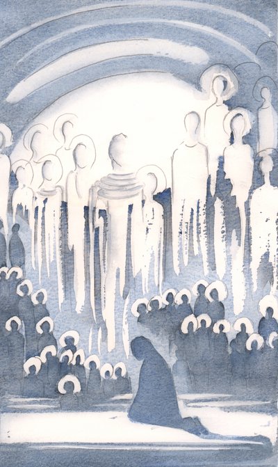 Jag såg härligheten av insamlingen av dem som tillber Gud i himlen, medan vi tillber på jorden, 2000 (w/c på papper) av Elizabeth Wang