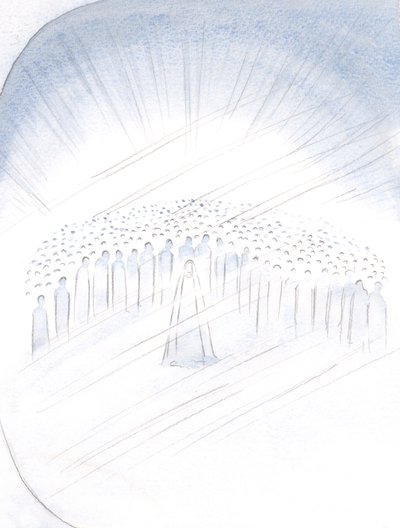 Jag såg helgonen stöta, så att säga, för förmånen att hjälpa oss, med Jungfru Maria i centrum, 2000 (w/c på papper) av Elizabeth Wang