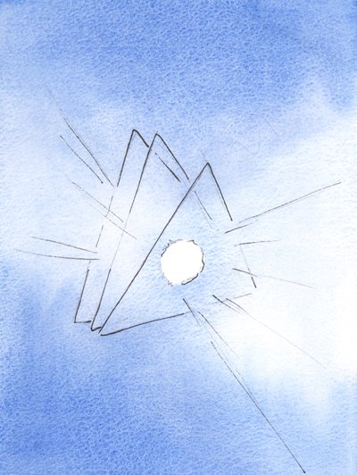 Jag fick se en symbol för den heliga treenigheten: tre trianglar, med en eld som smält lava (som representerar gudomlig kärlek) i hjärtat av varje, 2003 (w/c på papper) av Elizabeth Wang