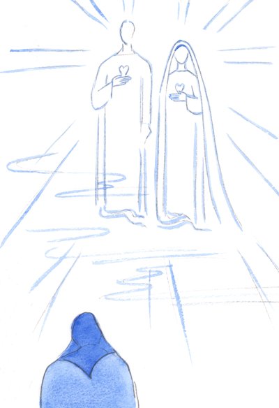 Jag visades de två hjärtan: av den syndfria Kristus och av hans obefläckade moder, i himlens strålande ljus, 2002 (w/c på papper) av Elizabeth Wang
