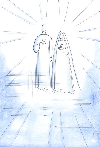 Jag visades de två hjärtan: av den syndfria Kristus och av hans obefläckade moder, i himlens strålande ljus, 2002 (w/c på papper) av Elizabeth Wang