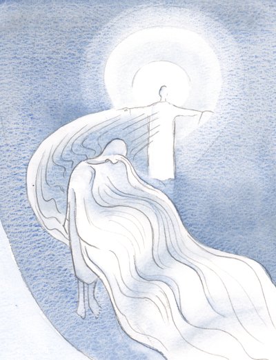Om en själ är ödmjuk, kan Kristi nåd strömma genom den själen till andra, som genom gasväv, obehindrat., 2000 (w/c på papper) av Elizabeth Wang