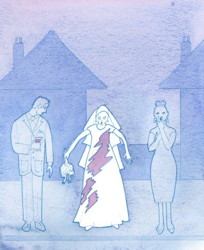 Föreställ dig hur generad en brud skulle vara, vars klänning hade blivit fläckad av en utspilld drink och som sedan tänkte på sin promenad mot altaret, 2003 (w/c på papper) av Elizabeth Wang