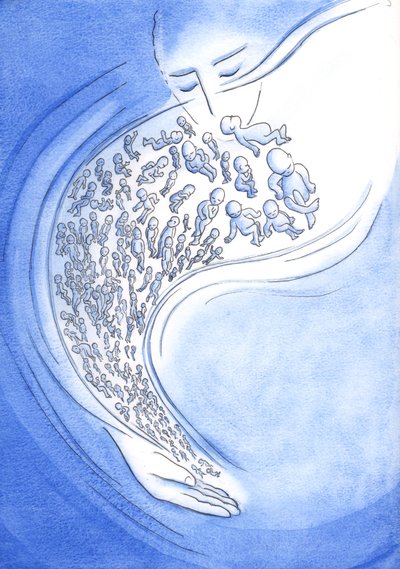 I Guds ögon är små bebisar som dör - före födseln eller efter - som stjärnfall som blossar upp kort och sedan faller från himlen, 2002 (w/c på papper) av Elizabeth Wang
