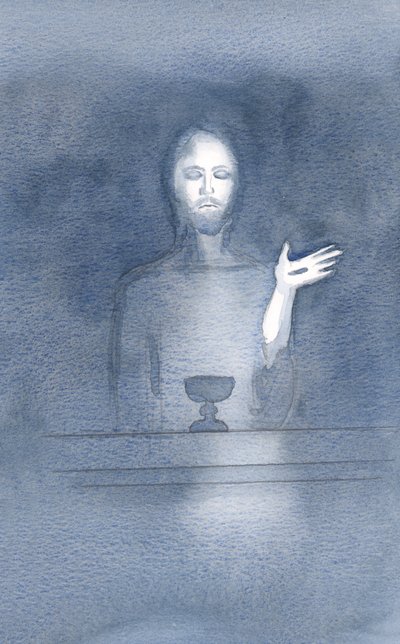 I sin barmhärtighet kommer Kristus till vårt altare, dagligen, när vi välkomnar honom, i trons mörker, 2000 (w/c på papper) av Elizabeth Wang