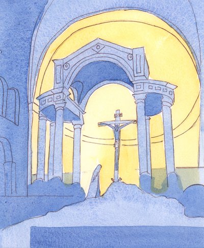 I Westminster Cathedral, och i varje katolsk kyrka, presenteras Sacrifice of Calvary på nytt för vår frälsning vid mässan 2004 (w/c på papper) av Elizabeth Wang