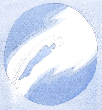 Som svar på bön sveper en ängel till själen på en trogen vän till Jesus och lyfter honom, snabbt, för att hälsa på Jesus i himlen., 2001 (w/c på papper) av Elizabeth Wang
