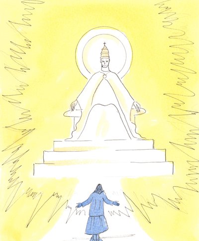 I tro kan vi se ett flammande ljus, högt uppe i kyrkan ovanför helgedomen, 2004 (w/c på papper) av Elizabeth Wang