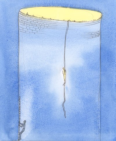 I förbön är det som om Gud tillåter en person att gå ner på ett rep för att rädda en annan person som är strandsatt i ett djupt schakt under jorden, 2004 (w/c på papper) av Elizabeth Wang