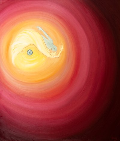 I vår förening med Gud är vi som barn som hoppar över universum, älskare som leker, valpar tumlar, 2002 (olja ombord) av Elizabeth Wang