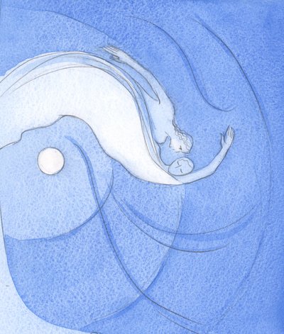 I vår förening med Gud är vi som barn som hoppar över universum, älskare som leker, valpar tumlar, 2002 (w/c på papper) av Elizabeth Wang