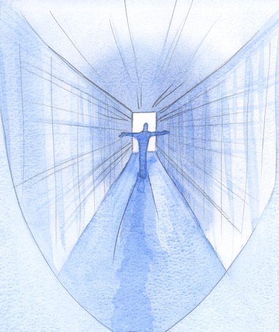 På resan genom döendet och döden (som genom en ljus korridor) litar den nakna själen på den helige Ande inombords, 2001 (w/c på papper) av Elizabeth Wang